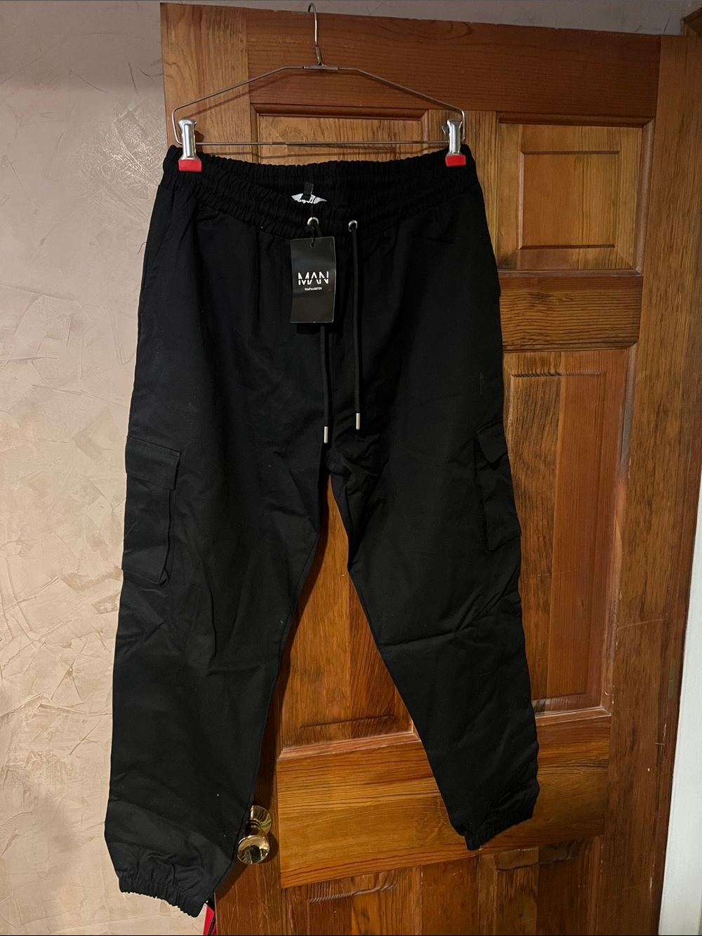 Boohoo Mens Black Cargo Joggers with Drawstring Waist